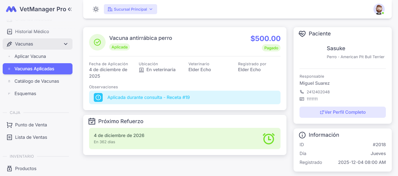 VetManager — Registro de vacunas aplicadas